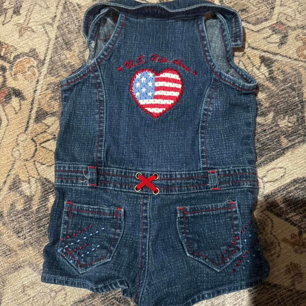 Vintagebaby US polo ASSN Blue denim romper heart American flag on back 6-9 month